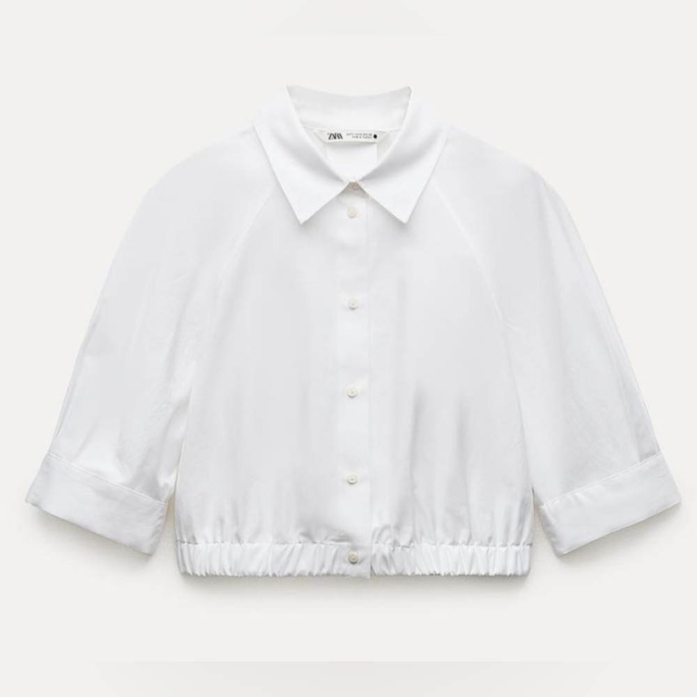 NWT Zara Elasticized cropped button up top shirt Size S Oyster White 9479/062